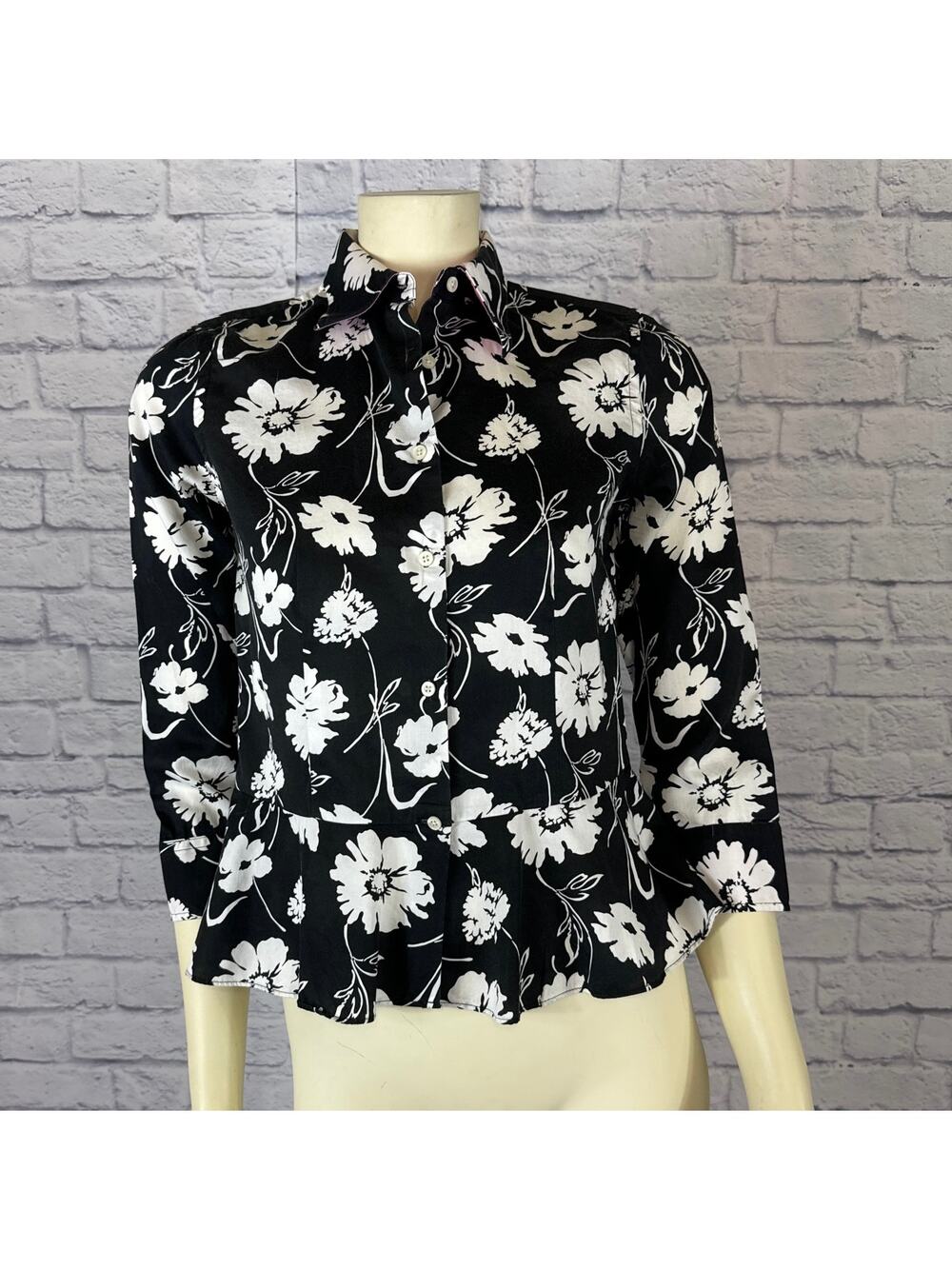 LAUREN RALPH LAUREN FLORAL PEPLUM Blouse, Black/White pink underneath size 4